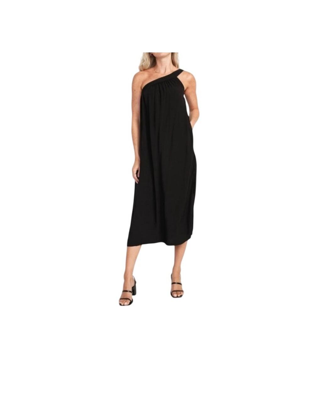 Black Old Navy Flowy One Shoulder Size Large Midi Length Sheath Dress Pockets